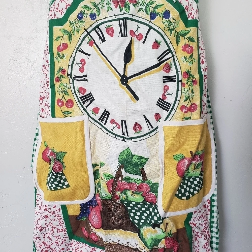 Vintage Apron Smock Green Gingham Plaid Red Apples Clock Yellow Fall Harvest